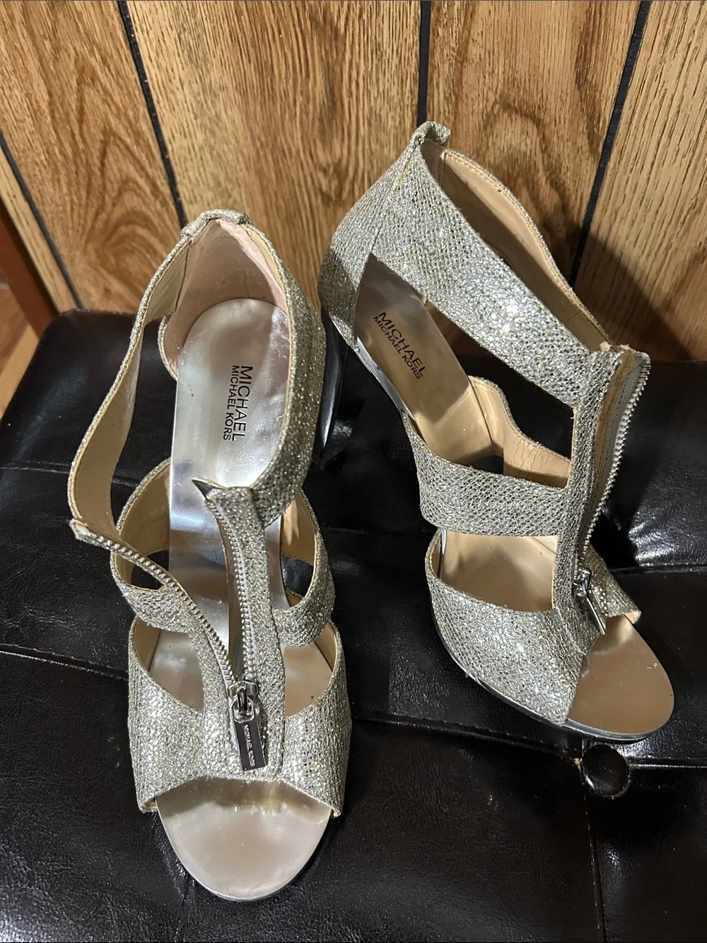 Michael Kors Glitter Gold Strappy High Heel Sandals with Front Zip